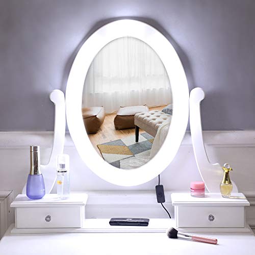 Vanity Table Set,White Makeup Dressing Table with Oval Lighted Mirror,Cushioned Stool,3 Drawers,2 Storage Cases，Wooden Makeup Furniture for Women Girls Bedroom - Thumbnail 3