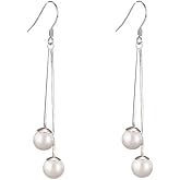 Sterling Silver Freshwater Pearl Threader Dangle Drop Earrings Threader Tassel Dangling Charm Hoop Earrings Long Chain Hook Earring Fashion Jewelry Gifts for Women