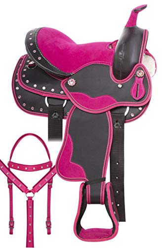 Acerugs Pink Western Saddle 10 12 13 Youth Kids Quarter Horse OR Pony Synthetic Saddle Set Crystal Show Barrel Racing Trail (Pink, 13)