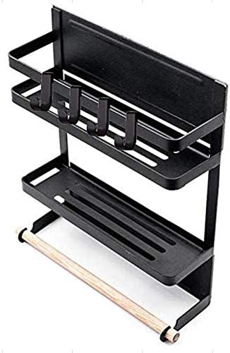 Magnetic Fridge Spice Rack Organizer with Paper Towel Holder, 3 Tier Hanging Kitchen Storage Shelf, Space Saving, Load Capacity : 5 KG, 26 x 8 x 31.5 CM, Black
