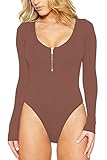 Meyeeka Women's Scoop Neck Zipper Long Sleeve Bodysuit Stretchy Romper Jumpsuit
