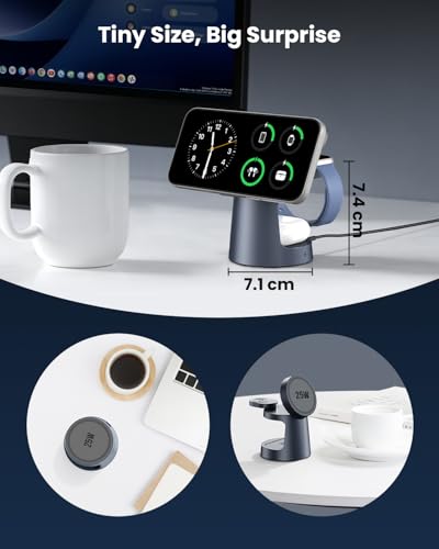 GEEKERA 25W 3-en-1 Estación de Carga con Luz Nocturna, Cargador Rápido Portátil Compatible con MagSafe para iPhone Air/17/16/15/14/13/12, Apple Watch 2-11, AirPods, incluye Adaptador GaN 45W, Gunmetal