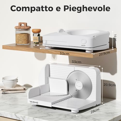 YASHE 180W Folding Electric Household Slicer 17cm Stainless Steel Blade 0-15mm Thick, Compact and Easy to Store for Meat, Cheese, Bread and Vegetables, White