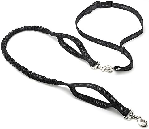 Hands Free Dog Leash for Running - Adjustable Waist Belt, Retractable Bungee, Dual Traffic Handles - Fits for up to 130 lbs Large Dogs (Pure Black)