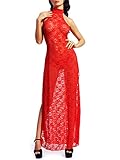 Amoretu Womens Floral Lace Lingerie Long Cheongsam Side Split Gown
