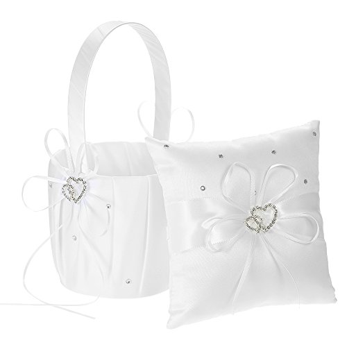 Decdeal Double Heart Satin Ring Bearer Pillow and Wedding Flower Girl Basket Set 6 x 6 inches