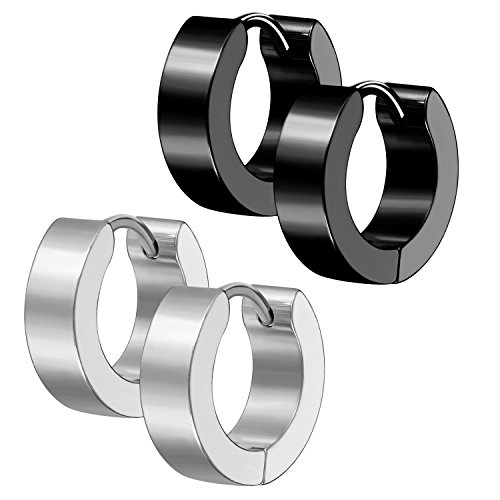 Men Jewelry Set Huggie Hinged Hoop Dangle Earrings, Stainless Steel, Hypoallergenic, Urban Hoop Earrings (#M02. 2 Pairs: Steel + Black)