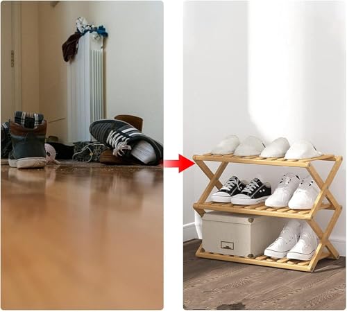 Glsety 3 Tier Bamboo Shoe Rack,Portable Folding Shoe Storage Rack,Without Installation Small Shoe Rack Perfect for Corridors, Bedrooms and Small Spaces (3 Tier)