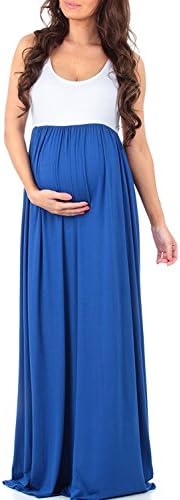 MANNEW Maternity Dress Sleeveless Maxi Dress Tank Stitching Color Block Stretch Causual Wrap Dress Ruched Gowns Blue Medium