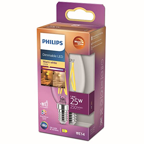 Philips ampoule LED Flamme E14 25W Blanc Chaud Claire Compatible Variateur, Verre