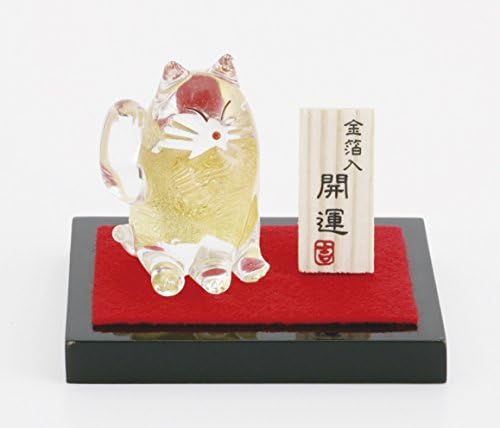 Glass Art Maneki Neko Money Cat Figure With Golden Foil, Sign and base stand