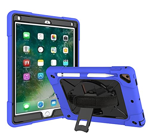 Case for iPad 6 / iPad Air 2 / iPad Pro (iPad 9.7 inch) - Three Layer Ultra Hybrid Shockproof Case with Pen Holder & Shoulder Strap & 360° Rotating Stand - (Blue & Black)