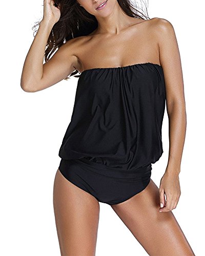 Chenghe Womens Sexy Strapless Tankini Bandeau Top Triangular Briefs Swimsuits Black US 8-10