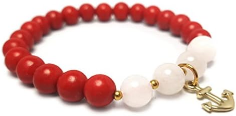 APECTO 7 mm, 8 mm Natural Multicolor Stone Beads Charm Elastic Bracelet, Gold Tone Anchor (Red Coral), TGC5