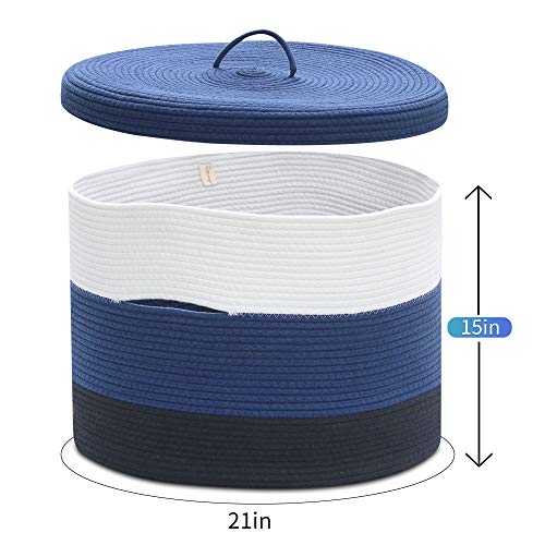 Extra Large Blue Cotton Rope Woven Basket for Laundry,Toys,Blankets,Pillows with Lid
