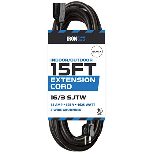 15 Ft Outdoor Extension Cord - 16/3 Durable Black Cable