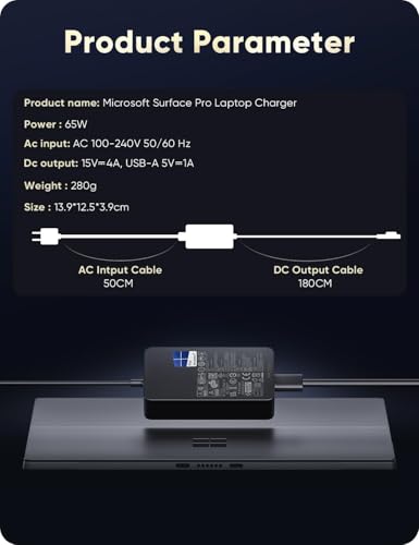 Surface Charging Cable 65 W Microsoft Surface Charger Power Supply for Surface Pro 11/10/9/8/7+/7/6/5/4/3/X, Windows Surface Laptop 7/6/5/4/3/2 Studio i5, Surface Go 4/3/2 Tablet, Surface Book 3/2/1, with USB