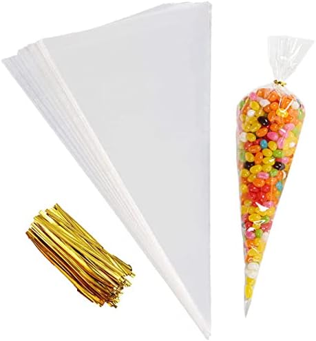 100pcs Clear Cellophane Cone Bags With Twist Ties - Large Size For Candy Party Favors
