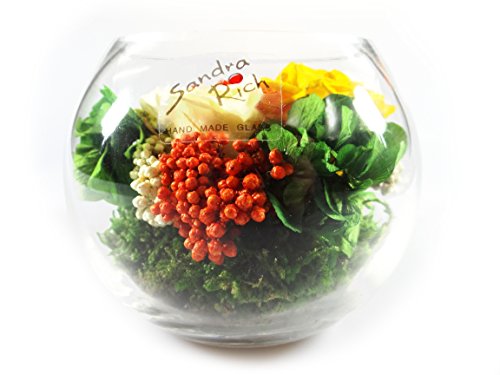 1 Blumengesteck aus echte konservierte Blumen mindestens 3 Jahre haltbar mit 1 orangene Rose, 1 gelbe Rose, 1 champagne Rose, grüne Hortensie und extra Bindegrün - Abmessungen: Höhe ca. 10 cm - Durchmesser 10 cm – Bild 3