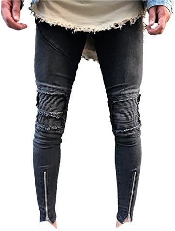 LOSIBUDSA Men's Skinny Slim Fit Straight Ripped Destroyed Distressed Zipper Stretch Knee Patch Denim Pants Jeans
