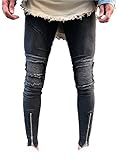 Dovee Men’s Skinny Slim Fit Straight Ripped Destroyed Distressed Zipper Stretch Knee Patch Denim Jeans (32, Black)