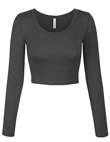 KOGMO Womens Long Sleeve Basic Crop Top Round Neck With Stretch -L-CHARCOAL