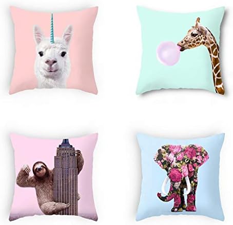 OATHENE Set of 4 Throw Pillow Covers,Macaron Color Donut Elephant Flamingo Cotton Linen Cushion Sofa Bedroom Car,Home Decor,18 x 18 Inch.1374