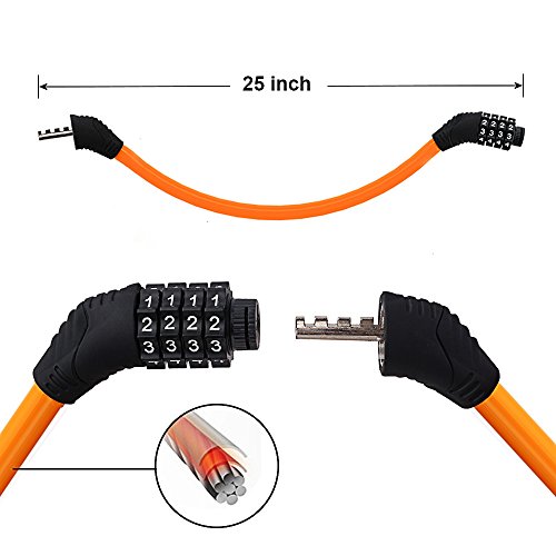 Sanwo Security Bike Lock 4 Digit Resettable Combination Cable Lock for Bicycle , 2 Feet x 1/2 Inch (Orange)