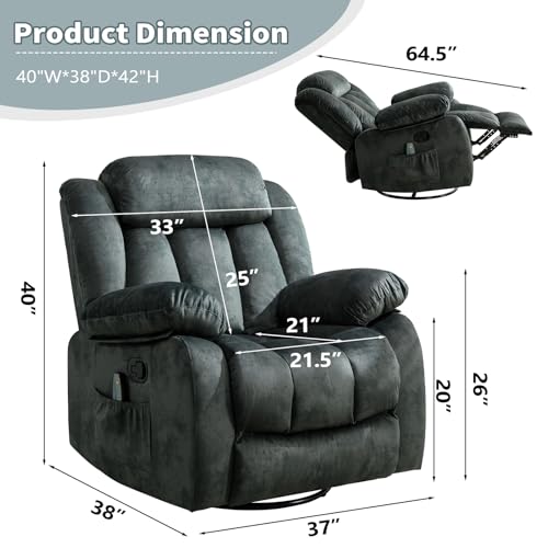 ANJ Classic Manual Swivel Rocker Recliner Chair with Massage and Heat, Rocking Recliners for Adults with Side Pocket, Single Overstuffed Heavy Duty Reclining Sofa Chair for Living Room,Bedroom,Grey