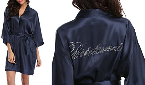 Vintava Women's Satin Wedding Dressing Gown Bride Bridesmaid Robes with Rhinestones