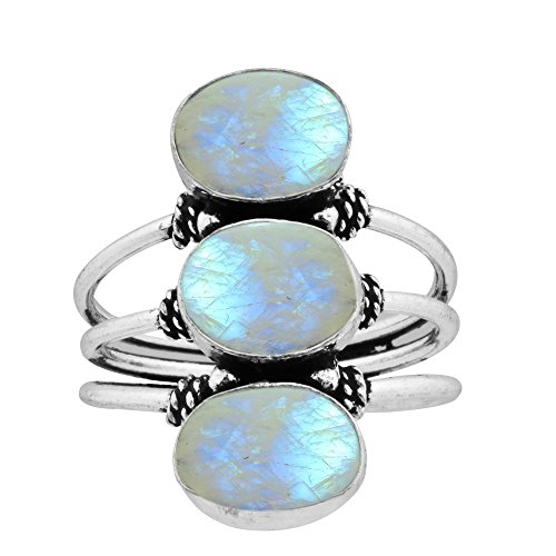 10.80ctw,Genuine Rainbow Moonstone 8x10mm Oval & .925 Silver Overlay Handmade Ring (Size-8.5)