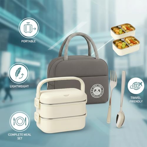 BitBloom Stainless Steel Lunch Box - 1400ml 2 -Layer Bento Box with Insulated Bag, Spoon & Fork, Leakproof, BPA-Free, Dishwasher Safe - Ideal for Kids & Adults, Office, School, Travel (Cream White)