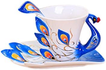 XH Porcelain Enamel Peacock Embossed Tea Coffee Mug Cup Set with 1pc Coffee Cup, 1pc Saucer, 1pc Spoon (Blue)