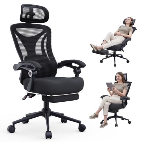 CYKOV Ergonomic Office Chair with Footrest, 90-160° Reclining Mesh Desk Chair with Adjustable Lumbar Support & Headrest, High Back Computer Chair for Home Office and Gaming, 350 lbs