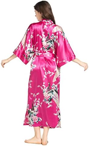 Mocela Women's Kimono Robe, Peacock Design, Long