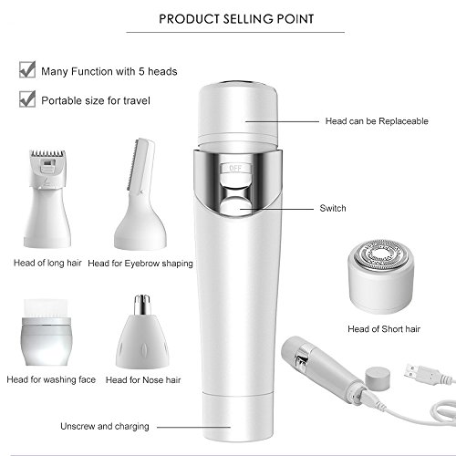 Womens Face Razors,LKE Women's Shave & Hair Removal 5 function in 1 painless electric shaving kits for women body hair Skin Care tools accessories