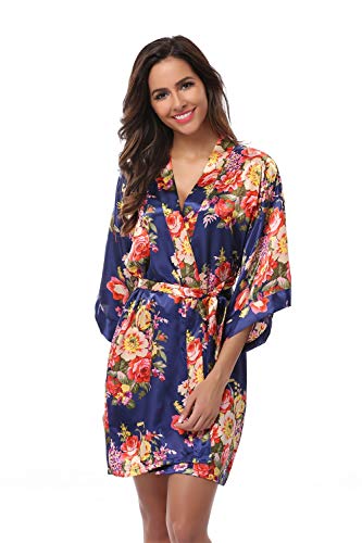 Women's Bridesmaid Robe Short Floral Wedding Kimono Robe Satin Floral Kimono Bathrobe for Bridal Wedding Party Navy M