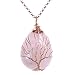Top Plaza Wire Wrapped Tree of Life Natural Gemstone Teardrop Pendant Necklace Healing Crystal Chakra Jewelry for Women - Rose Quartz