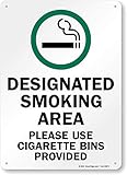 SmartSign"Designated Smoking Area, Please Use Cigarette Bins Provided" Sign | 10" x 14" Plastic