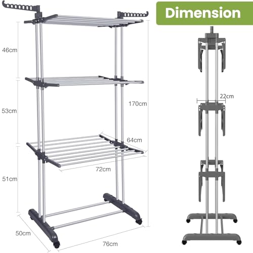 Toworld Clothes Drying Rack Folding 4 Tier Clothes Horses Rack Stainless Steel Laundry Drying Rack with 2 Adjustable Side Wings, Space Saving Free-Standing Dryer Stand for Clothing