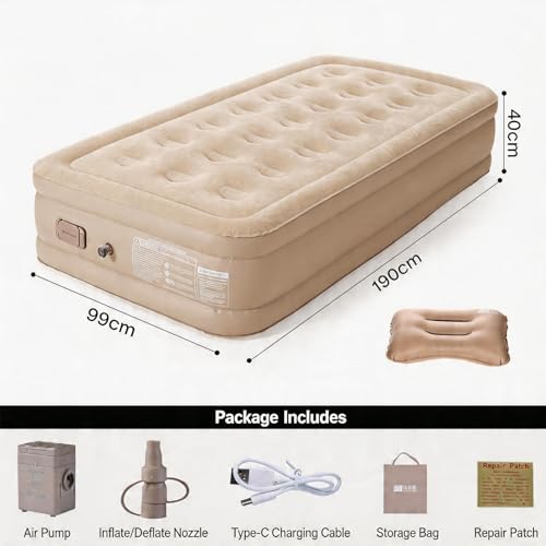 Single Air Mattress with Built-in Pump, Portable Inflatable Bed, Blow Up Mattress for Camping Travel Home Guests, 191 * 100 * 40Cm Beige