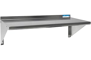 BK Resource Stainless Steel Wall Shelf, 12"x 32", 18 Gauge T-430 Steel, NSF Commercial Kitchen Food Service Use, 1.5" Backsplash, Angle Supports, BKWSE-1232