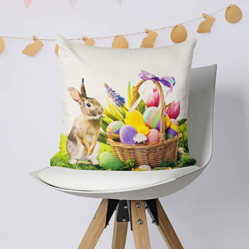 JOHOUSE 4 Pieces Easter Pillowcase, Rabbit Eggs Linen Pillow Cushion Case Easter Bunny Upholstered Sofa Pillowcases, 18 x 18 inch