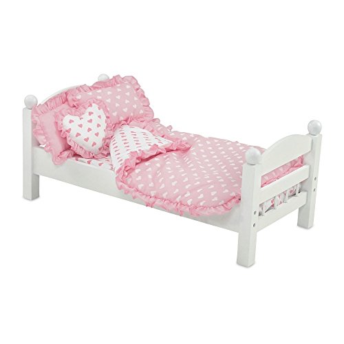 18 Inch Doll Accessories | Reversible Pink Heart Print Ruffled Bedding Set with Comforter, 3 Pillows and Sheet | Fits American Girl Dolls