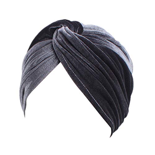 Fxhixiy Women's Stretch Velvet Twist Pleasted Hair Wrap Turban Hat Cancer Chemo Beanie Cap Headwear (Gray)