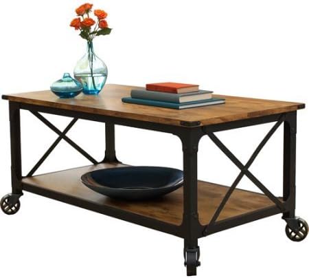 Rustic Coffee Table with Antiqued Black/Pine Finish X-sides Frame Movable with Wheels Living Room Furniture