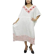 Mogul Interior Womens Kaftan Maxi Dress White Embroidered Cotton Gauze Boho Caftan L