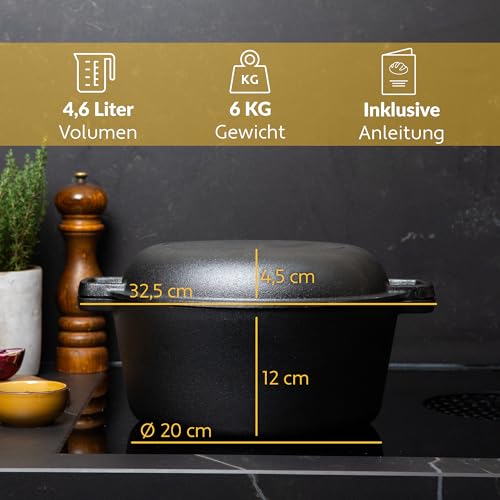 Cast Iron Pot 26 cm, Pre-Seasoned, Induction Compatible, 2-in-1 Cast Iron Roasting Pan with lid 4.6 L, Stewing Pan with Practical Double Function, Cast Iron Pot, Bread Baking Pot with Lid | Bake crispy sourdough bread or Schmore hearty dishes with proofing basket, dough scraper and 2 in 1 lid
