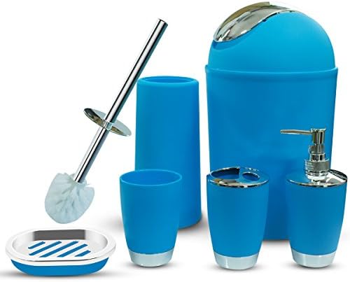 Blue Bathroom Accessories Sets Complete, 6 Piece Luxury Bath Accessories Set by, Lotion Dispenser,Toothbrush Holder, Bathroom Tumblers, Soap Dish, Trash Can, Toilet Brush Set-Plastic
