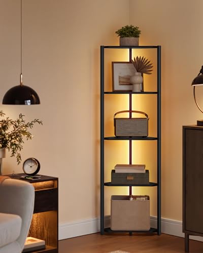 VASAGLE LBC590B02V1 Corner Shelving Unit with 5 Levels Adjustable LED Lighting with Steel Frame, 25 x 48 x 146.7 cm, for Living Room, Bedroom, Study, Ebony Black